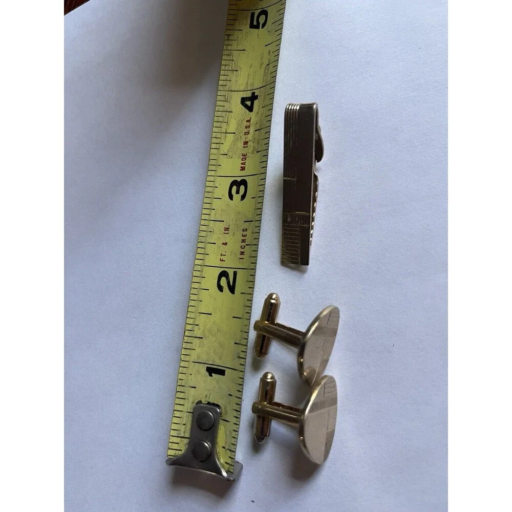 Vintage mid-century Shields cufflinks and matching tie clip set - gold tone